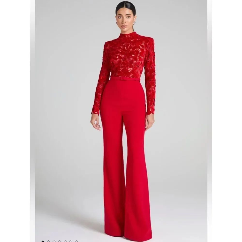 Nadine Merabi Eleanor Red Jumpsuit Long Sleeve Velvet 2 and 14 available